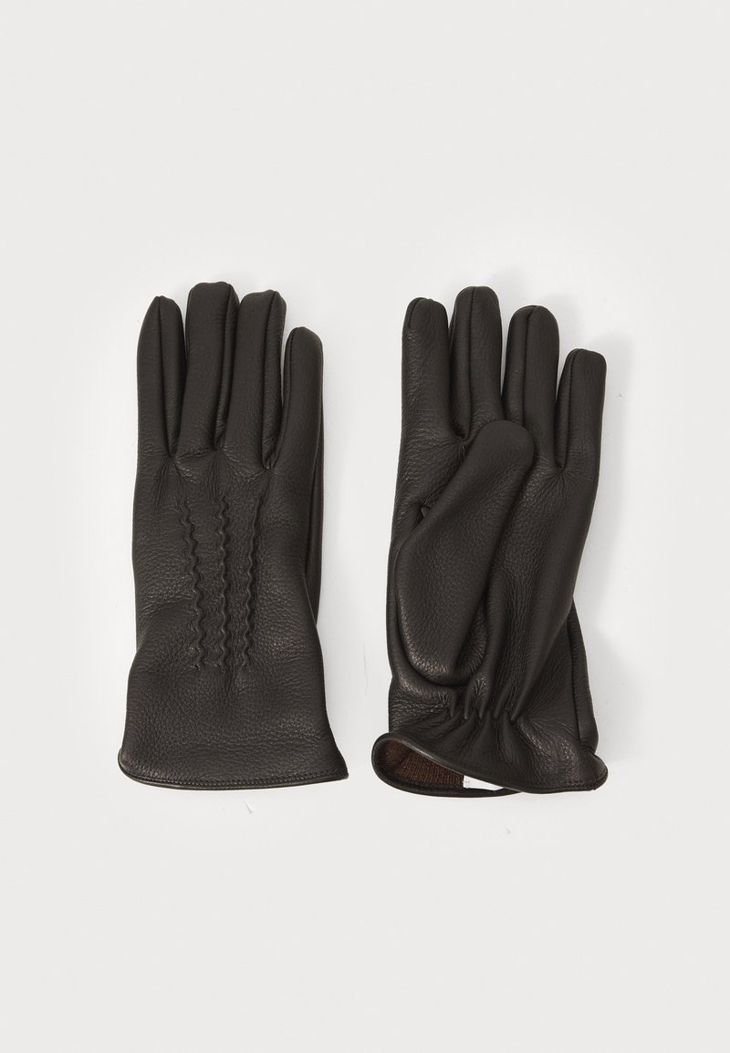 Guanti in pelle nera con superficie testurizzata, dotati di cuciture rinforzate sui dettagli posteriori e aperture per i polsi aderenti.