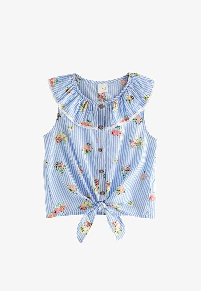 Blusa a righe blu e bianche con motivo floreale, colletto arricciato, bottoni frontali e dettaglio dell'orlo annodato. Realizzata in tessuto leggero.