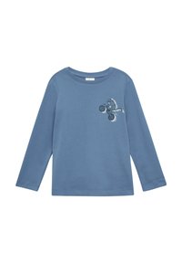 Lange mouwen blauwe shirt van zachte katoen. Heeft een geborduurd ontwerp van een tijger op een motorfiets. Klassieke ronde halslijn en rechte zoom.