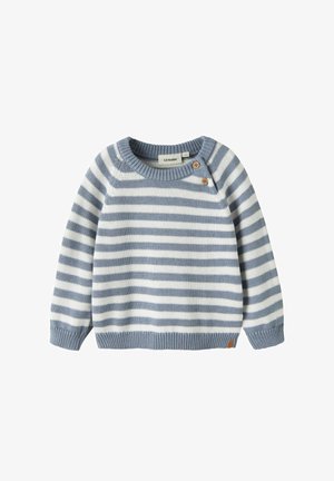 Maglione a righe blu e bianche lavorato a maglia con scollo rotondo e due bottoni in legno sulla spalla sinistra, maniche lunghe e polsini a coste.