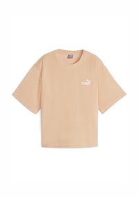 Peach short-sleeve t-shirt made of soft fabric, with a round neckline and a white Puma logo printed on the left chest area.