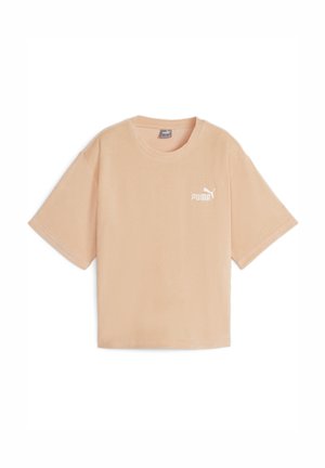 Peach short-sleeve t-shirt made of soft fabric, with a round neckline and a white Puma logo printed on the left chest area.