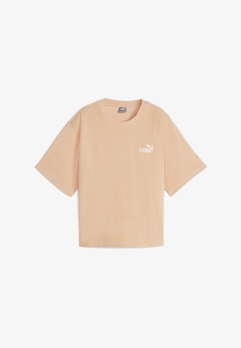 Peach short-sleeve t-shirt made of soft fabric, with a round neckline and a white Puma logo printed on the left chest area.