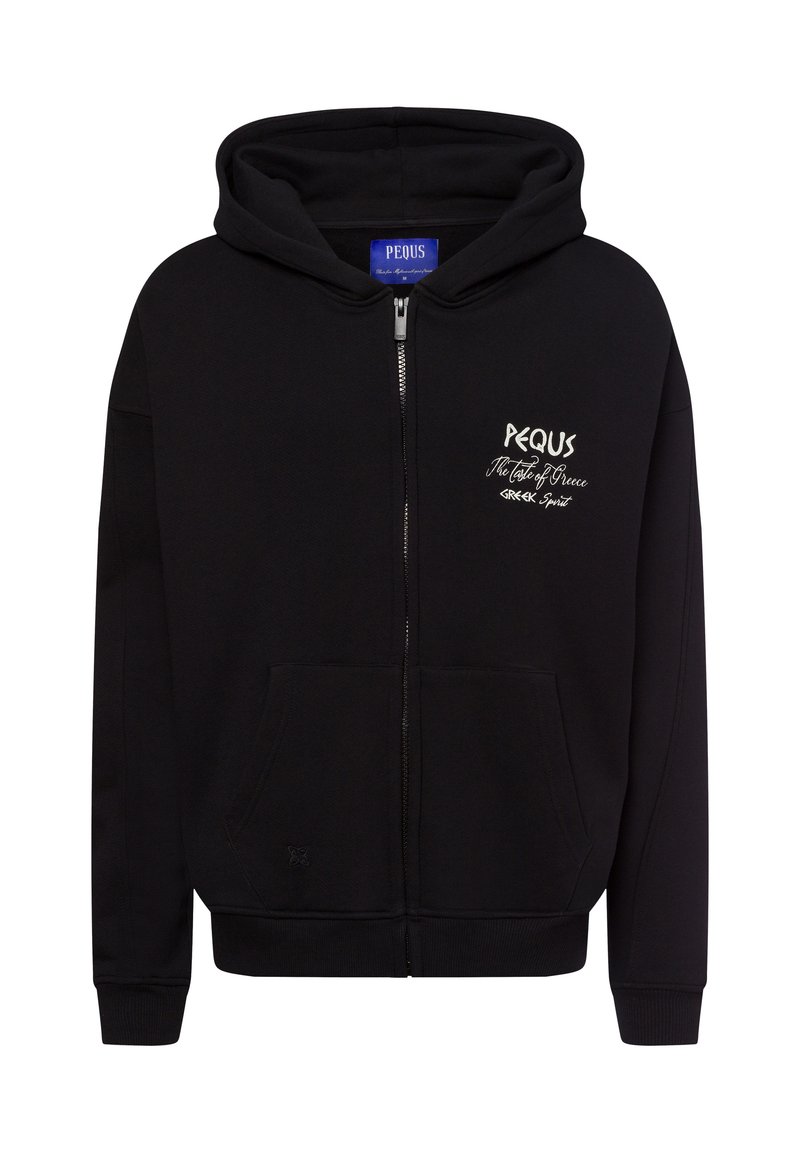 Zwarte zip-up hoodie van zachte stof, met een kangoeroezak, geribbelde manchetten en een geborduurd logo op de borst.