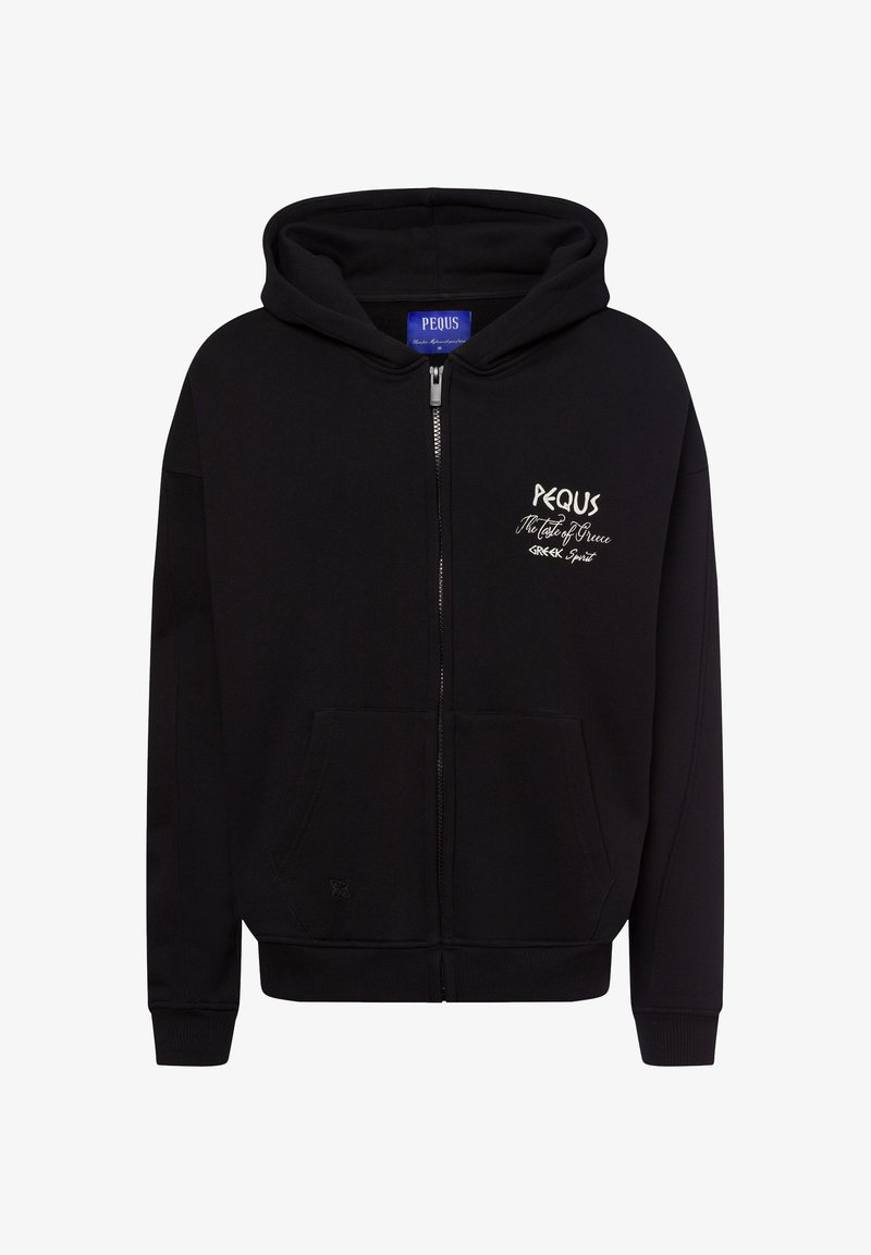 Zwarte zip-up hoodie van zachte stof, met een kangoeroezak, geribbelde manchetten en een geborduurd logo op de borst.