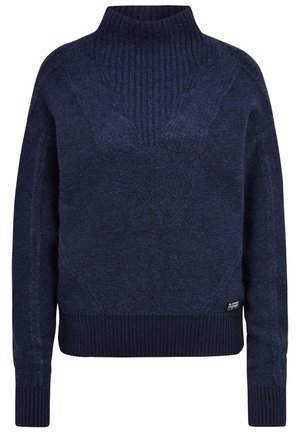 Pull en maille bleu marine avec un col montant côtelé, des poignets et un ourlet, présentant un motif texturé subtil sur le devant et une petite étiquette logo près de l'ourlet.