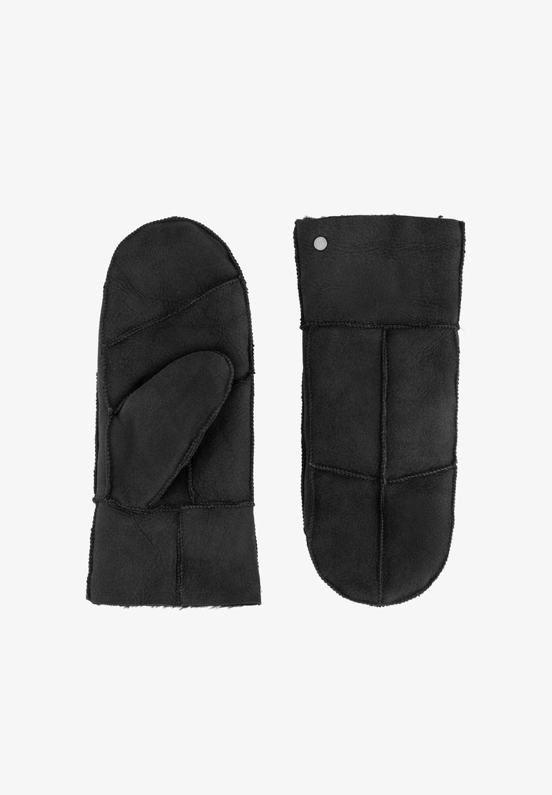 Schwarze Lederhandschuhe mit einer weichen Textur, die ein gesticktes Design und einen zusätzlichen Daumenteil aufweisen. Ein Handschuh hat ein metallisches Druckknopfdetail.