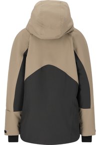 Giacca impermeabile marrone chiaro e nera con cappuccio, caratterizzata da un design geometrico e blocchi di colore a contrasto su schiena e maniche.