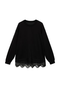 Suéter negro de manga larga, cuello redondo y un borde de encaje scalloped en el dobladillo. Fabricado con tela suave de textura mate.