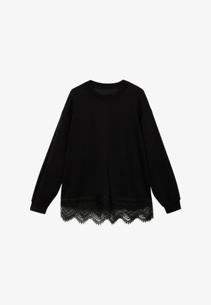 Maglione nero con maniche lunghe, scollo rotondo e bordo in pizzo smerlato all'orlo. Realizzato in tessuto morbido con una texture opaca.