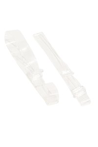 Przezroczyste plastikowe paski z teksturowanymi klamrami. Mają płaski prostokątny kształt i gładką powierzchnię, odpowiednie do różnych potrzeb związanych z zapięciem.