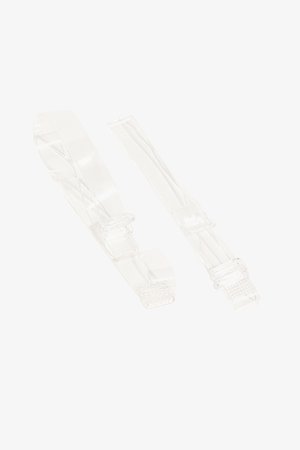 Klarsynliga plastremmar med texturerade spännen. De har en platt rektangulär form och en slät yta, lämplig för olika fästande behov.