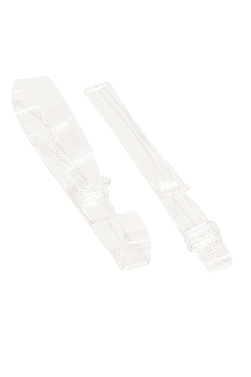 Przezroczyste plastikowe paski z teksturowanymi klamrami. Mają płaski prostokątny kształt i gładką powierzchnię, odpowiednie do różnych potrzeb związanych z zapięciem.
