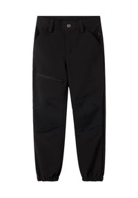 Zwarte broek van duurzaam materiaal met elastische boorden, voorzien van voorzakken, een ritszak aan de zijkant en textuurvlaktes op de knieën.