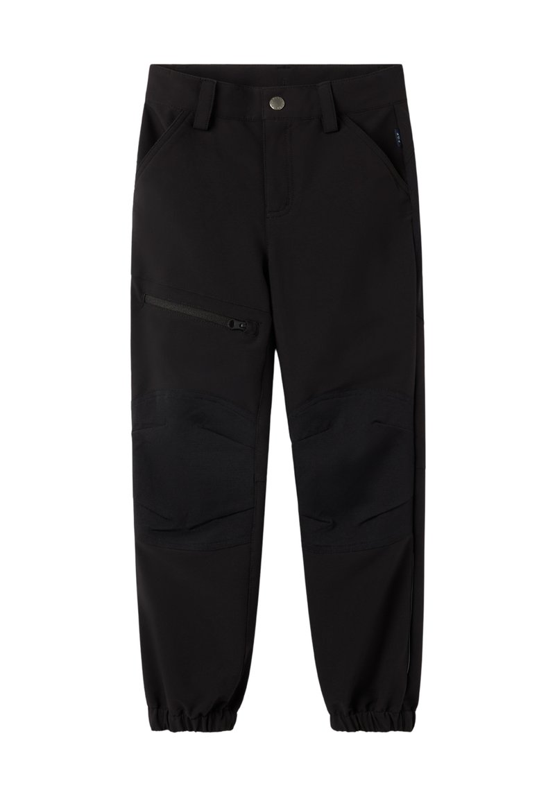 Zwarte broek van duurzaam materiaal met elastische boorden, voorzien van voorzakken, een ritszak aan de zijkant en textuurvlaktes op de knieën.