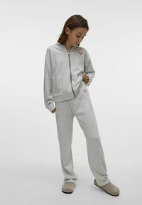 Ljusgrå zip-up hoodie och matchande sweatpants, tillverkade av mjukt tyg, med en liten röd logotypdetalj på bröstet och midjan.