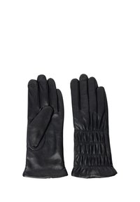 Sorte læderhandsker med en struktureret overflade, der har en sammensnøring ved håndleddet og et glat fingerdesign. Begge handsker har tommelfingerpuder.