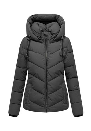 Grijze pufferjack met een dikke, gewatteerde uitstraling en een capuchon. Voorzien van een ritsluiting en twee zijzakken met elastische manchetten.