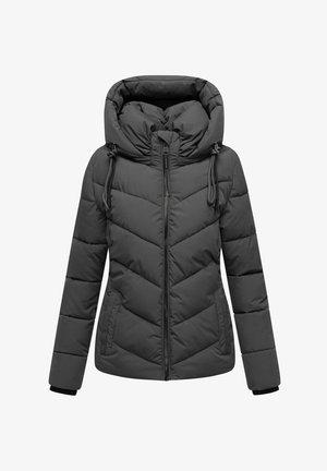 Grijze pufferjack met een dikke, gewatteerde uitstraling en een capuchon. Voorzien van een ritsluiting en twee zijzakken met elastische manchetten.