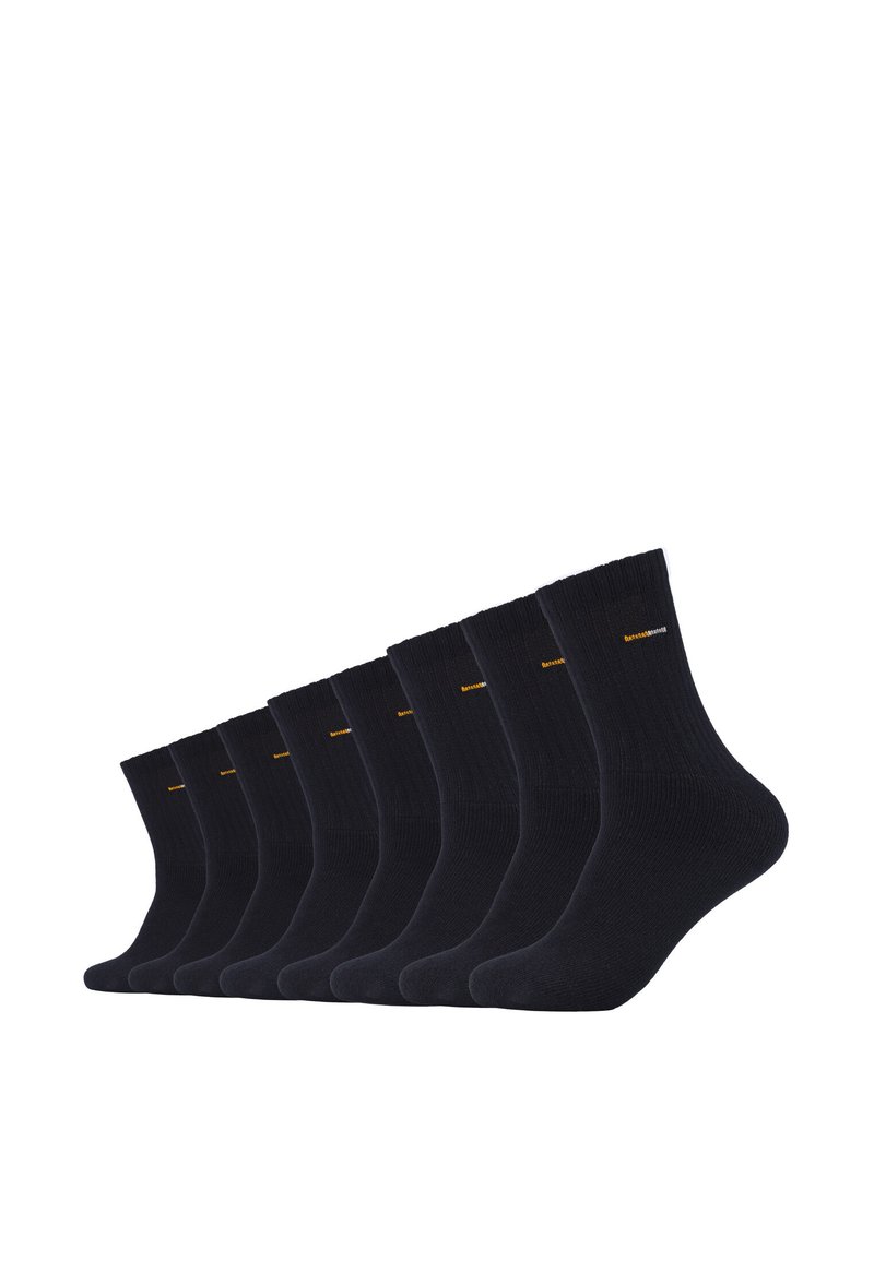 Neuf paires de chaussettes côtelées bleu marine foncé en tissu doux, avec un petit logo orange près du haut de chaque chaussette.