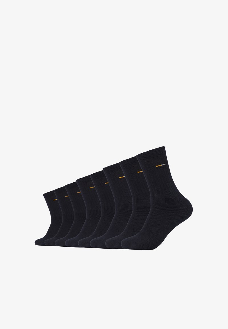 Nove pares de meias canadas de cor azul marinho, com um padrão canelado, feitas de tecido macio, apresentando um pequeno logotipo laranja perto do topo de cada meia.