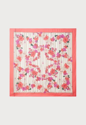 Foulard carré bordé de corail avec des guirlandes de fleurs roses, corail et blanches et des rayures verticales beige sur un fond crème.