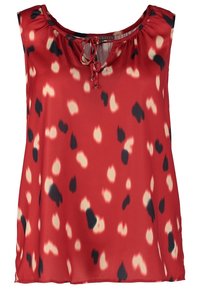 Top senza maniche rosso, realizzato in tessuto setoso, con scollo rotondo, cordoncino per la regolazione e fantasia astratta nera e beige su tutta la superficie.