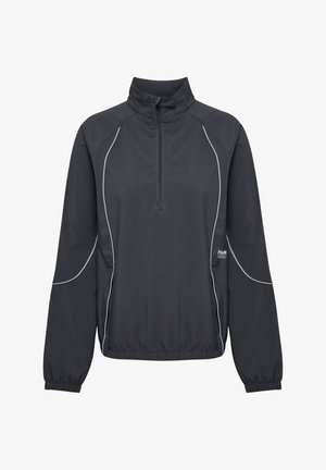 Sort pulloverjakke med halv-lynlås, elastiske manchetter og en snor i kanten. Har kontrasterende grå syninger og et minimalistisk logo.