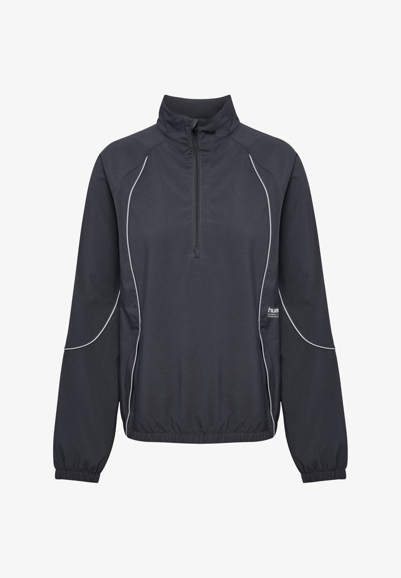 Zwarte pulloverjack met een half-zip nek, elastische manchetten en een trekkoord aan de onderkant. Beschikt over contrasterende grijze stiksels en een minimalistisch logo.