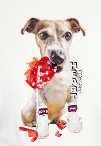T-shirt met een afbeelding van een hond die een rode hart-lolly vasthoudt, met witte sneakers met blauwe en rode accenten, en het woord "HEARTBREAKER."