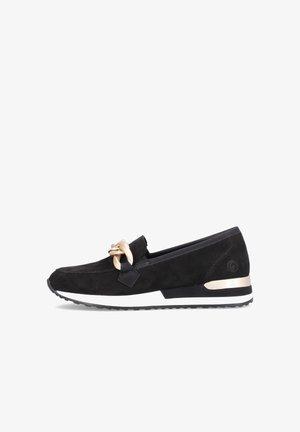 Schwarze Wildleder-Slipper mit runder Zehenpartie, dekorativem goldenen Hardware-Akzent, strukturierter Oberfläche und weißer Sohle mit schwarzen Details.