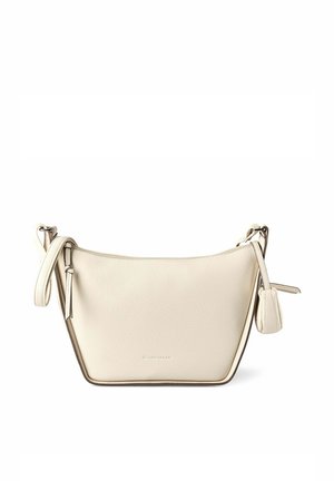 Schultertasche aus cremefarbenem Leder mit verstellbarem Riemen, Reißverschluss und kleinem angebrachtem Beutel vor weißem Hintergrund.