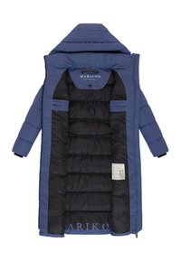 Blue puffer coat with a black interior. Hooded design, zip front, two internal pockets, and brand logo visible inside. Soft texture.