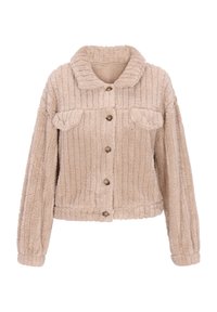 Giacca in fleece beige, con texture, chiusura a bottoni, design a coste, due tasche sul petto e colletto. Maniche lunghe con polsini aderenti.
