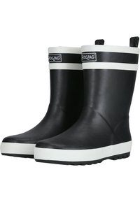Bottes de pluie en caoutchouc noir avec des accents blancs et une bande texturée blanche en haut. Design épuré avec une semelle robuste dotée de grips de traction.