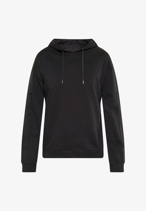 Zwarte hoodie van zachte stof, met een trekkoordcapuchon, lange mouwen en een relaxte pasvorm. Eenvoudig ontwerp zonder patronen of accenten.