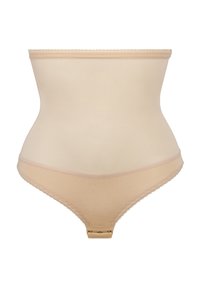 Beige hoogoplopende shapewear met een gladde textuur, geschulpte randen en een haaksluiting aan de achterkant. Lichtgewicht en rekbaar materiaal.