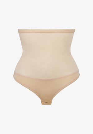 Beige high-waisted shaping brief with a smooth texture, scalloped edges, and a hook closure at the back. Lightweight and stretchy material.