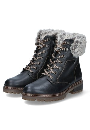 Bottes en cuir noir avec bord en fausse fourrure, bout rond, design à lacets, surface texturée et semelle en caoutchouc durable avec motifs antidérapants.
