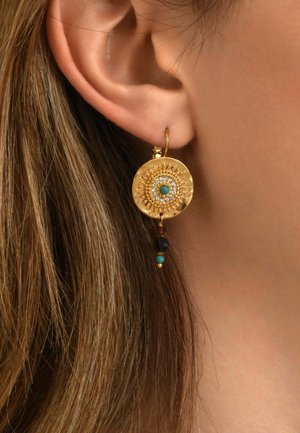 Boucle d’oreille circulaire en or avec un centre turquoise, petites pierres transparentes et perles pendantes portée à l’oreille d’une femme aux cheveux châtain clair.