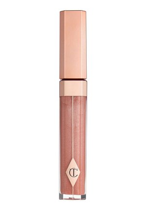 Liquid lip gloss in a transparent tube with a rose gold metallic cap and subtle shimmer inside.