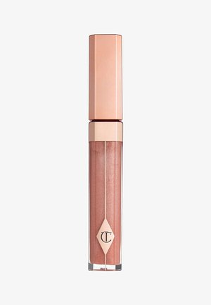 Flüssiger Lipgloss in einem transparenten Behälter mit einem roségoldenen Metallic-Deckel und dezentem Schimmer im Inneren.