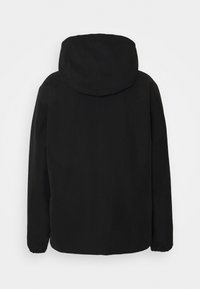Veste à capuche noire vue de dos avec manches longues et une texture lisse et unie sur un fond clair.