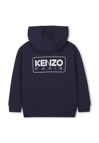 Sweat à capuche bleu marine avec un grand logo blanc "KENZO PARIS" au dos, des poignets et un ourlet côtelés. Tissu doux et design décontracté.