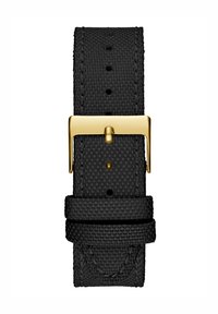Černý tkaný řemínek na hodinky s texturovaným povrchem, vybavený přezkou a úchytem ve zlatém tónu. Obsahuje několik otvorů pro nastavení velikosti.