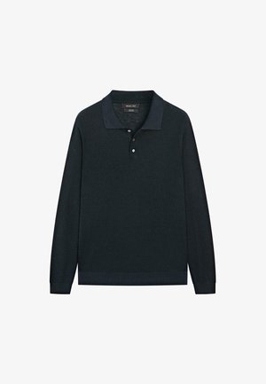 Polo à manches longues bleu marine foncé avec deux boutons blancs et un col souple, posé à plat sur un fond blanc.