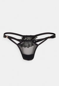 Tanga preta com sobreposição de renda nas costas, tiras elásticas finas e frente em tecido suave. Apresenta um design minimalista.