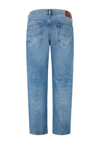Svete modre jeans hlače s ravnim krojem, petimi žepi in rjavim usnjenim označevalnikom na hrbtnem delu pasu. Izbljukani detajli po vsej površini.