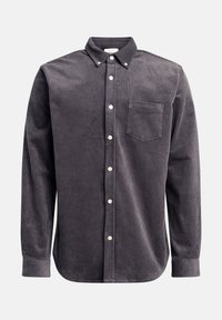 Dunkelgraues Cordhemd mit Button-Down-Kragen, langen Ärmeln, einer Brusttasche und abgerundetem Saum.