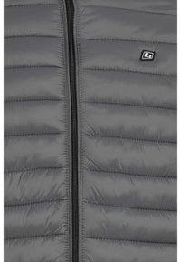 Veste matelassée grise avec fermeture éclair, présentant des coutures horizontales et un petit logo sur le côté gauche. Texture de tissu lisse et léger.